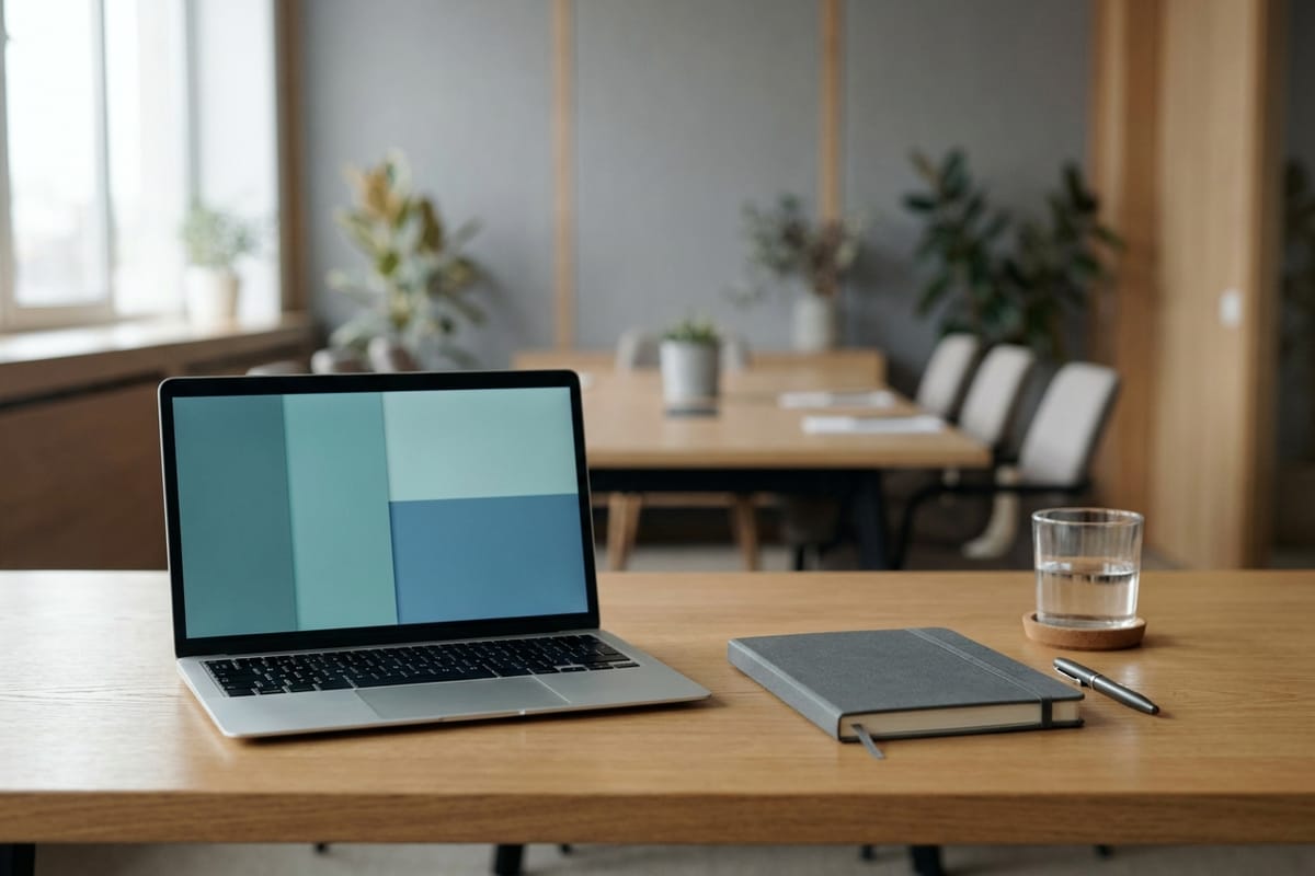 Tidy desk with laptop, notebook and pen by a window