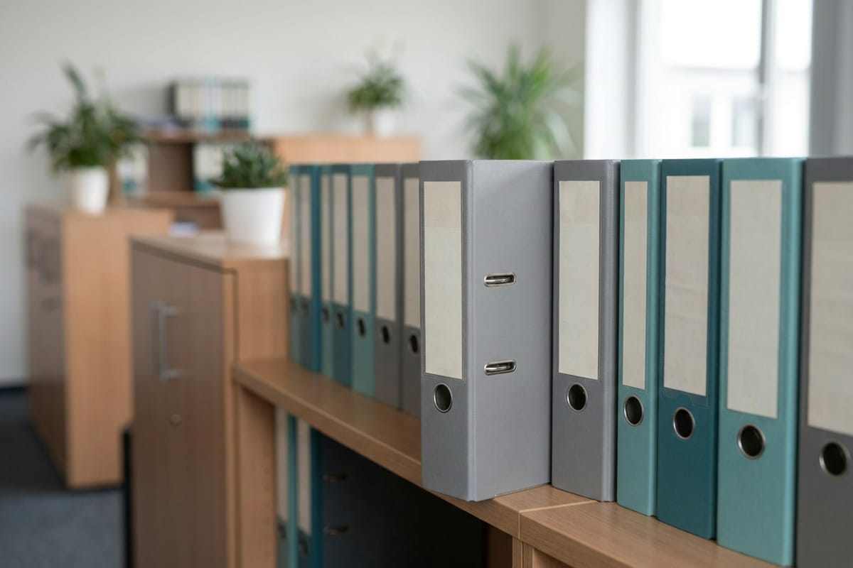 Row of uniform ring binders on an office shelf