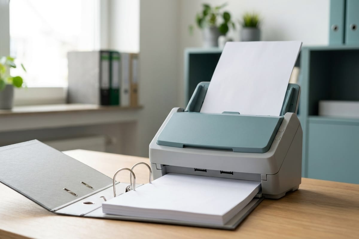 Document scanner with a stack of paper beside a ring binder