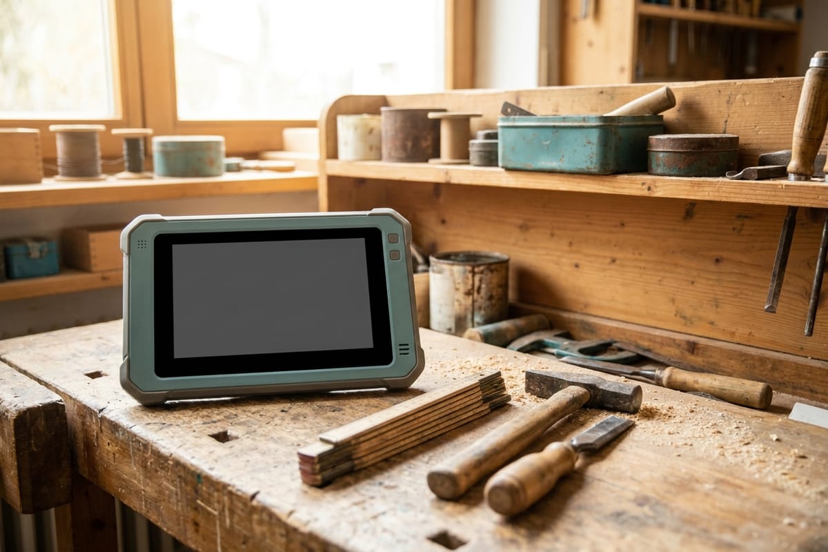 Rugged tablet on a workbench beside a hammer, chisel and folding rule
