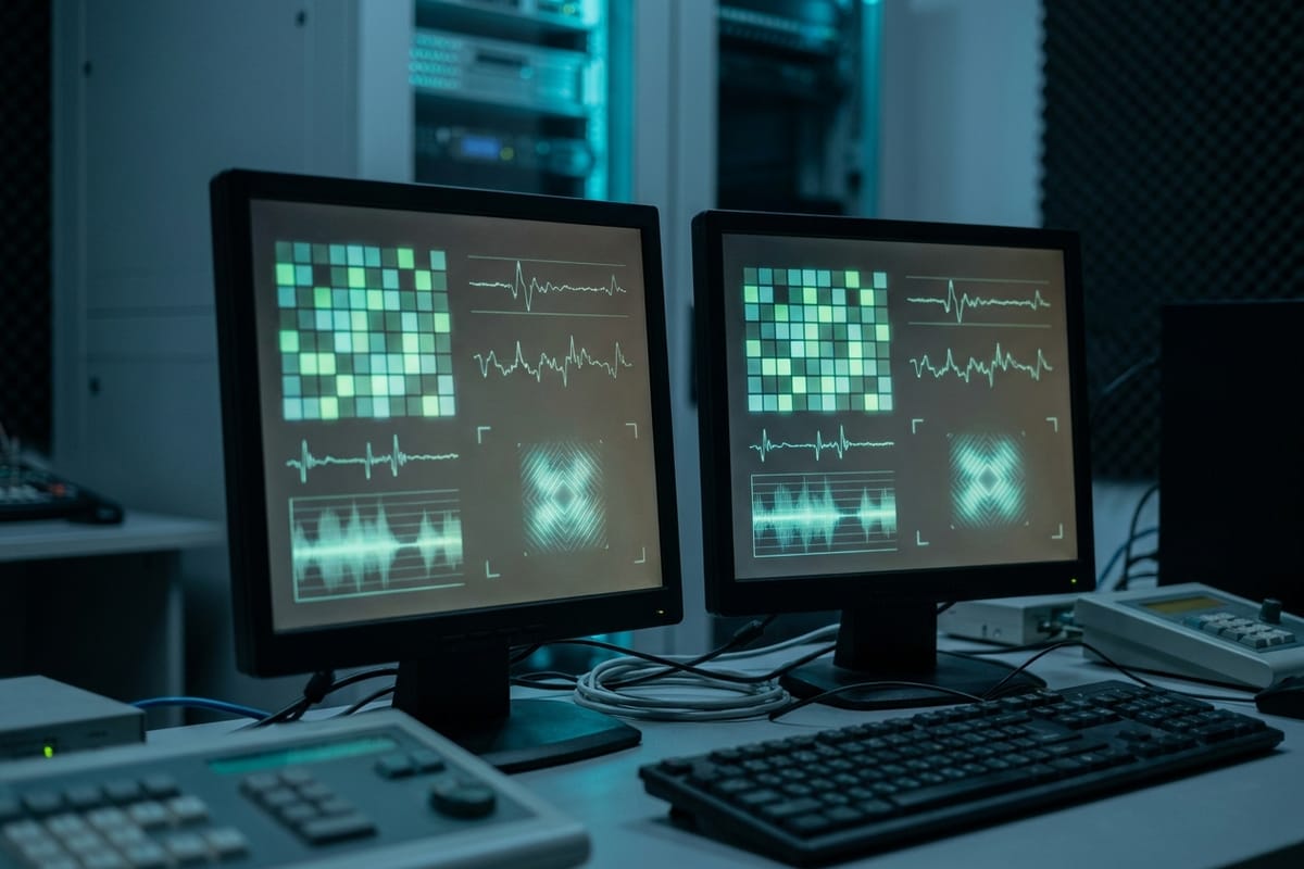 Two monitors showing monitoring panels in a dimmed room