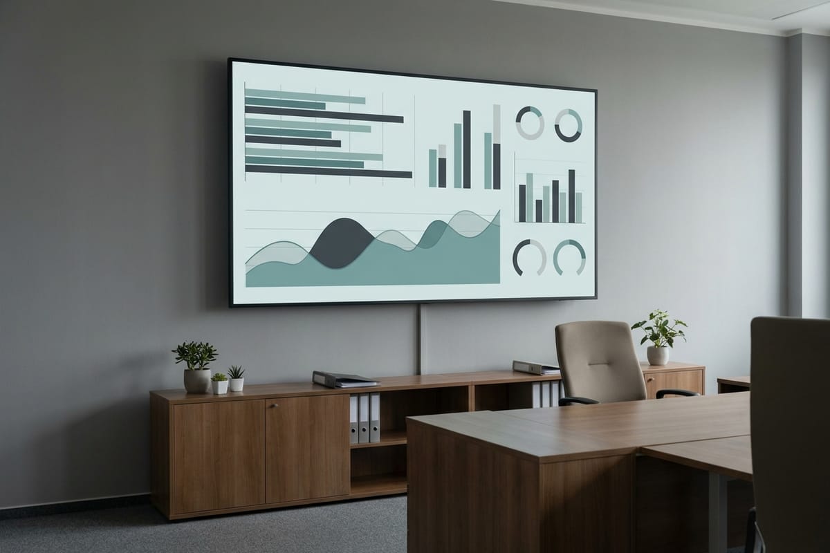 Wall-mounted monitor showing bars, a curve and ring charts in an office