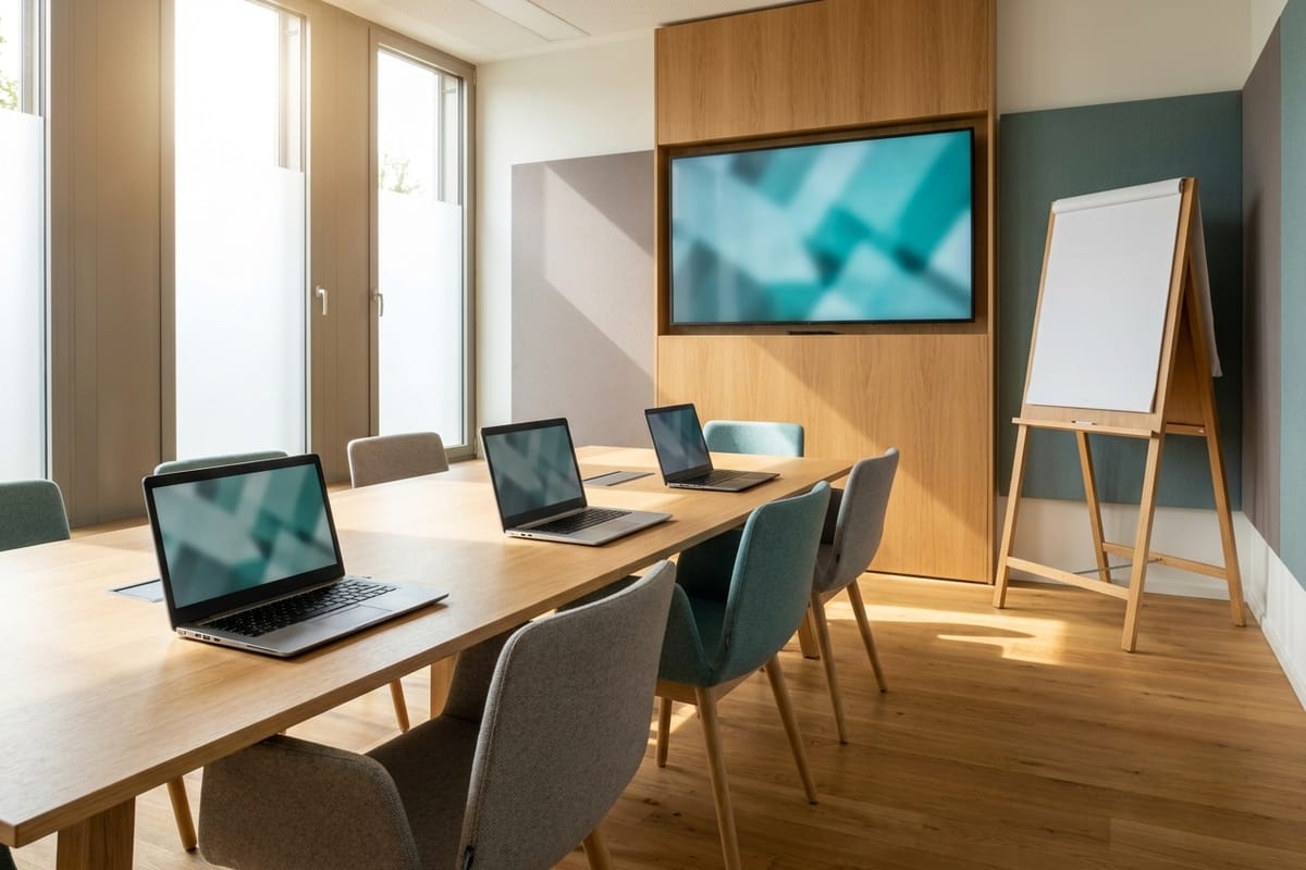 Training room with open laptops and a presentation screen